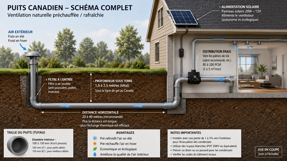 Schéma complet d'un puits canadien : air extérieur aspiré, filtre à l'entrée, tuyaux enterrés à 1,5-2,5 m de profondeur, ventilateur alimenté par panneau solaire, distribution d'air frais dans la maison